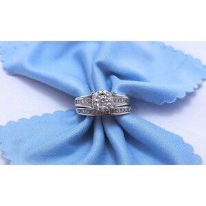 Unique 14K Karat Solid White Gold Designer Diamond Engagement & Band Ring Set